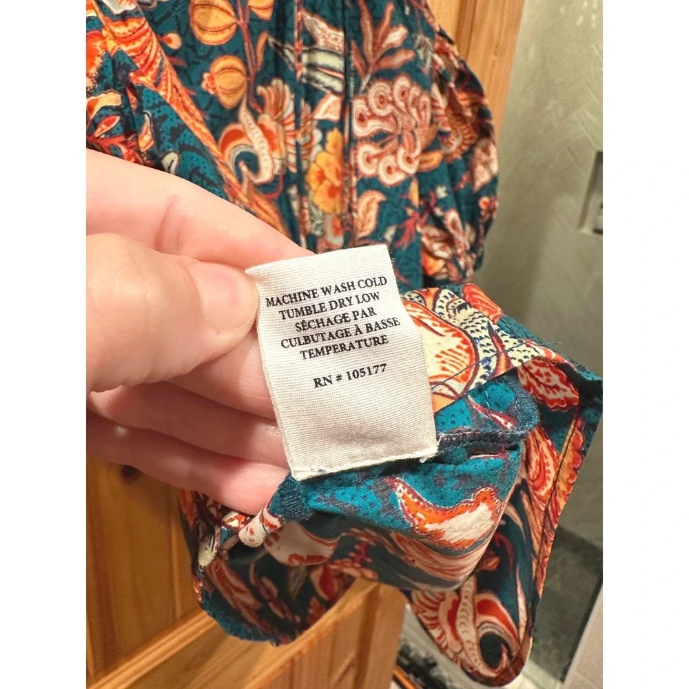 Ulla Johnson Frances Top Teal Floral Batik Puff Sleeve Cotton Blouse‎ Size 4